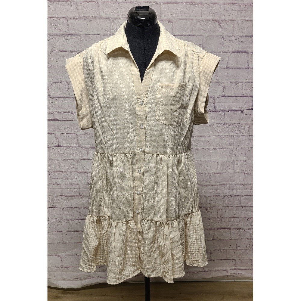 Womens Beige Gingham Seersucker Tiered Button Front Shirt Dress with Pockets